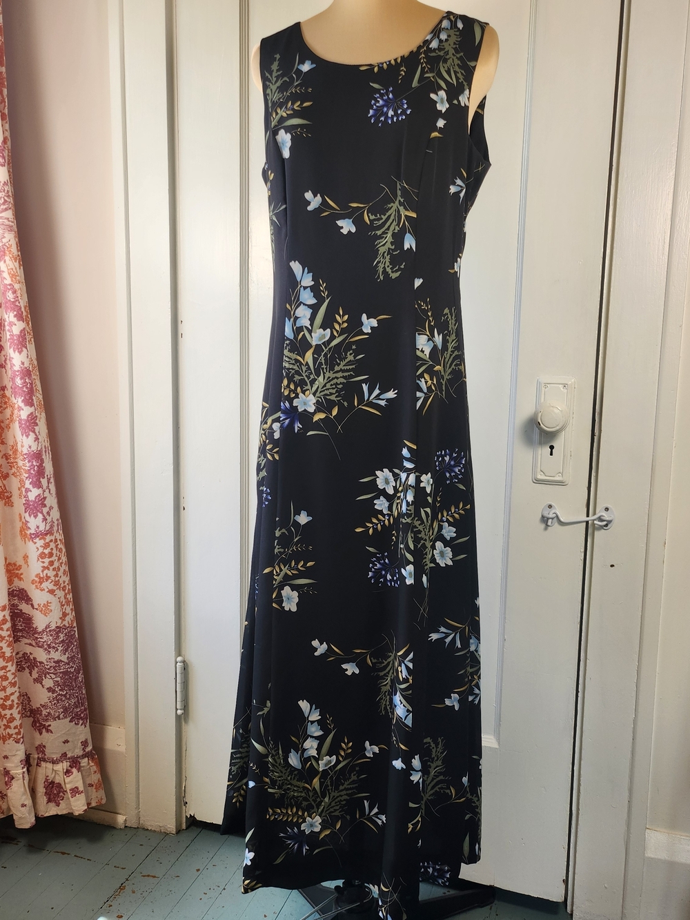 Vtg 90s Studio I Black Floral Sleeveless Maxi Dress Blue Flowers Sz 6